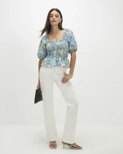 Blue Cotton Floral Print Puff Sleeve Top