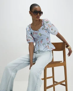 Blue Cotton Floral Puff Sleeve Shirred Top