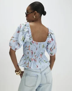 Blue Cotton Floral Puff Sleeve Shirred Top