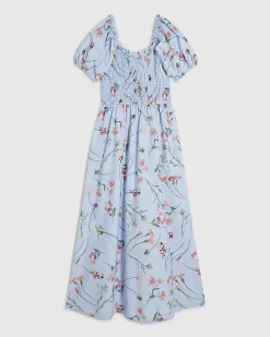Blue Cotton Floral Shirred Midi dress