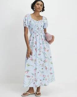 Blue Cotton Floral Shirred Midi dress