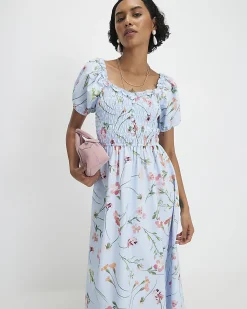 Blue Cotton Floral Shirred Midi dress