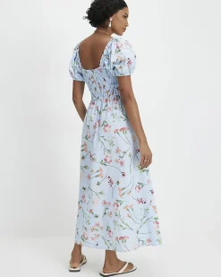 Blue Cotton Floral Shirred Midi dress
