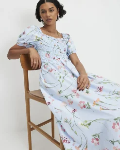 Blue Cotton Floral Shirred Midi dress