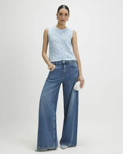 Blue Cotton Knit Scallop Trim Top