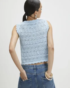 Blue Cotton Knit Scallop Trim Top