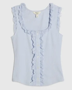 Blue Cotton Lace Trim Ruffle Tank Top