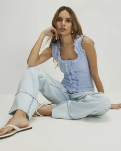 Blue Cotton Lace Trim Ruffle Tank Top