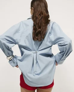 Blue Cotton Long Sleeve Cinched Back Shirt