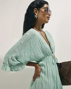 Blue Cotton Mirror Embroidered Maxi Dress