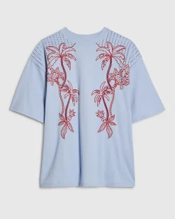 Blue Cotton Palm Cutwork Boyfriend T-Shirt