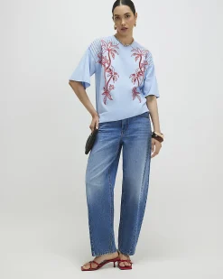 Blue Cotton Palm Cutwork Boyfriend T-Shirt