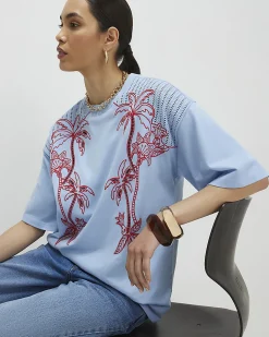 Blue Cotton Palm Cutwork Boyfriend T-Shirt