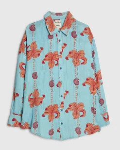 Blue Cotton Palm Print Beach Shirt