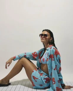 Blue Cotton Palm Print Beach Shirt