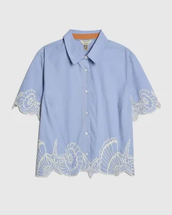 Blue Cotton Shell Embroidered Hem Shirt