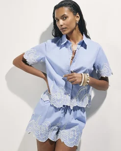 Blue Cotton Shell Embroidered Hem Shirt
