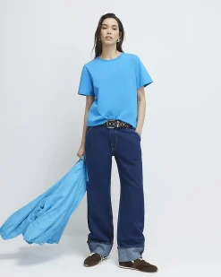 Blue Cotton Short Sleeve Slim Fit T-Shirt