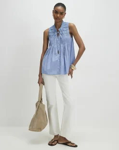 Blue Cotton Sleeveless Lace Yoke Front Blouse