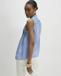 Blue Cotton Sleeveless Lace Yoke Front Blouse