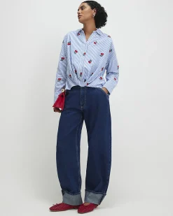 Blue Cotton Stripe Cherry Knot Front Shirt