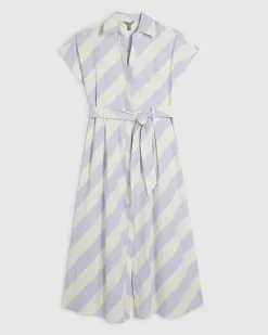 Blue Cotton Striped Midi Shirt Dress