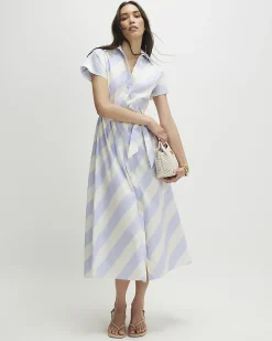 Blue Cotton Striped Midi Shirt Dress