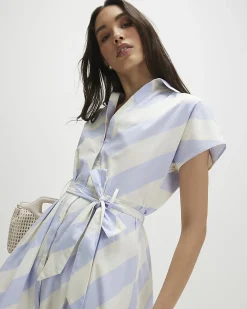 Blue Cotton Striped Midi Shirt Dress