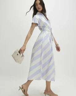 Blue Cotton Striped Midi Shirt Dress