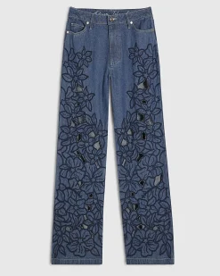 Blue Cut Out Floral Relaxed Straight Jeans