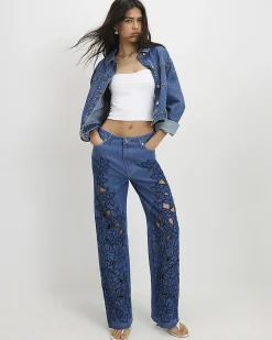 Blue Cut Out Floral Relaxed Straight Jeans
