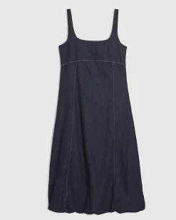 Blue Denim Bubble Hem Midi Dress