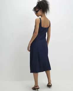 Blue Denim Bubble Hem Midi Dress
