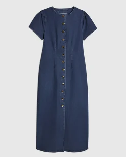 Blue Denim Button Cap Sleeve Midi Dress