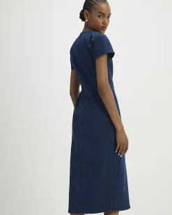Blue Denim Button Cap Sleeve Midi Dress
