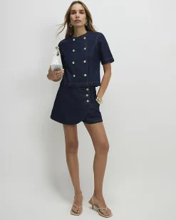 Blue Denim Button Detail Skort