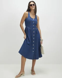 Blue Denim Button Front Midi Dress