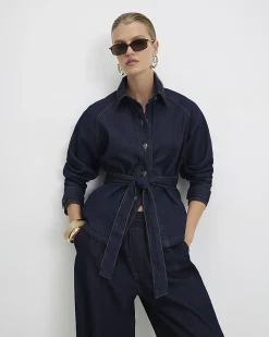 Blue Denim Cropped Trench Jacket