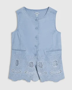 Blue Denim Cutwork Longline Waistcoat