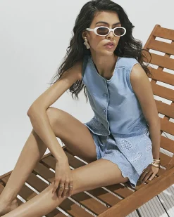 Blue Denim Cutwork Longline Waistcoat