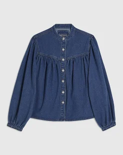 Blue Denim Diamante Button Long Sleeve Shirt