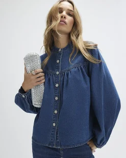 Blue Denim Diamante Button Long Sleeve Shirt