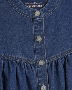 Blue Denim Diamante Button Long Sleeve Shirt