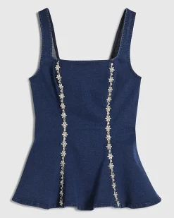 Blue Denim Diamante Sleeveless Peplum Top