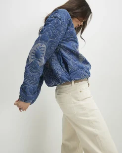 Blue Denim Embroidered Quilted Bomber Jacket