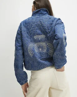 Blue Denim Embroidered Quilted Bomber Jacket