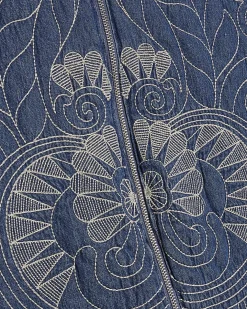 Blue Denim Embroidered Quilted Bomber Jacket