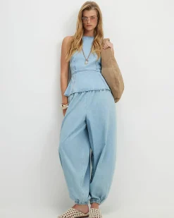 Blue Denim Fitted Waist Top