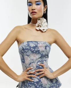 Blue Denim Floral Bandeau Top