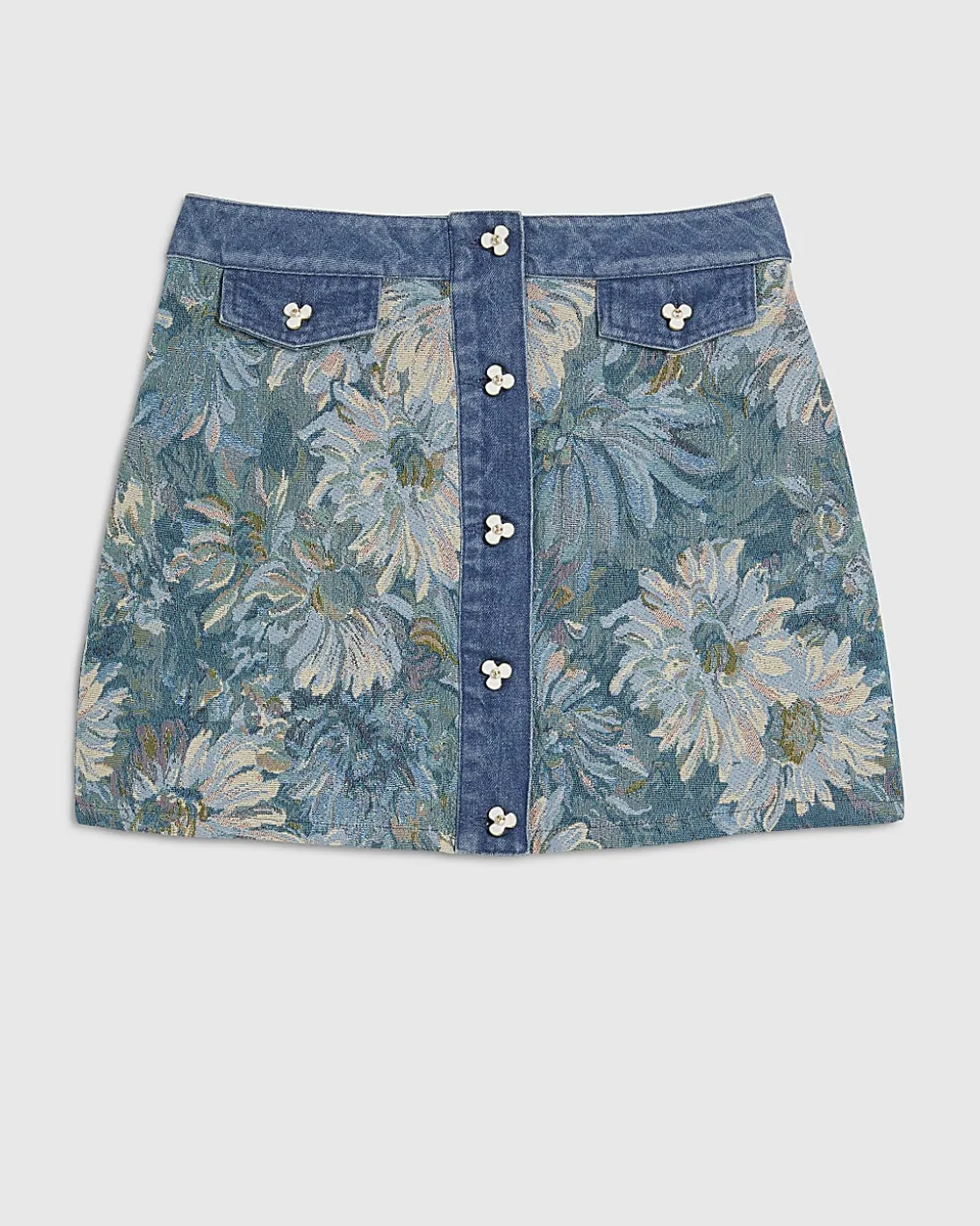 Blue Denim Floral Tapestry Mini Skirt